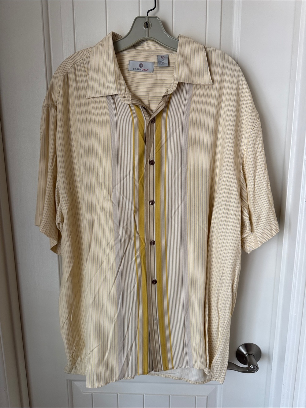 Bobby Chan Cream Short-Sleeve Button-Down with Yellow Stripes, Silk/ Rayon Shirt